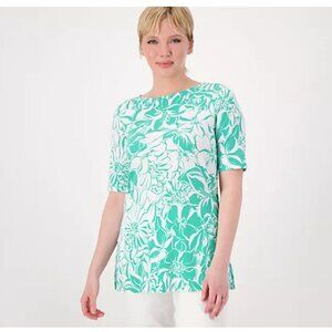 Susan Graver Women Top Printed sz PS Liquid Knit Bateau Neck Tunic Green A600396